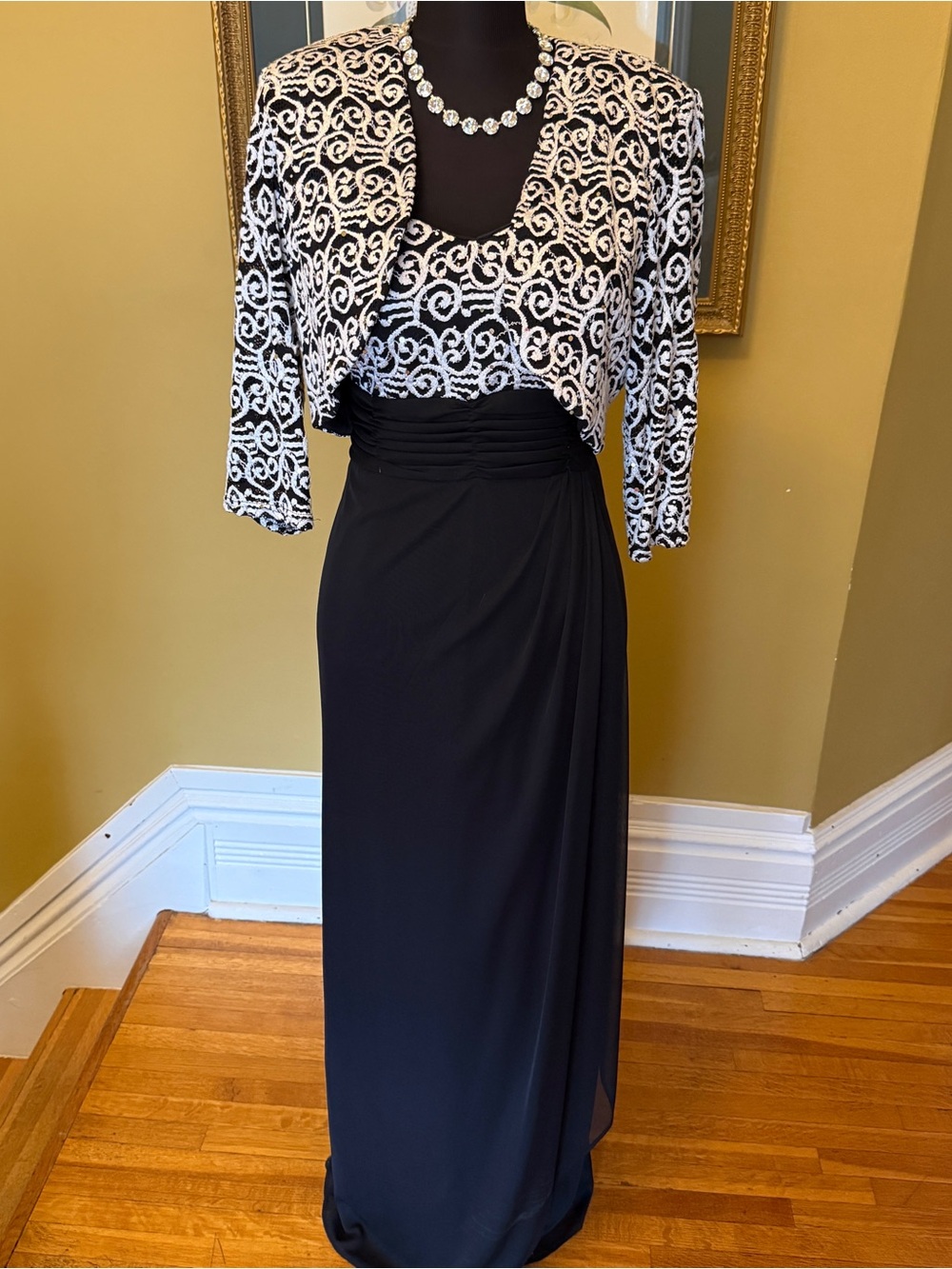 Black Maxi Evening Dress with White Lace Bolero